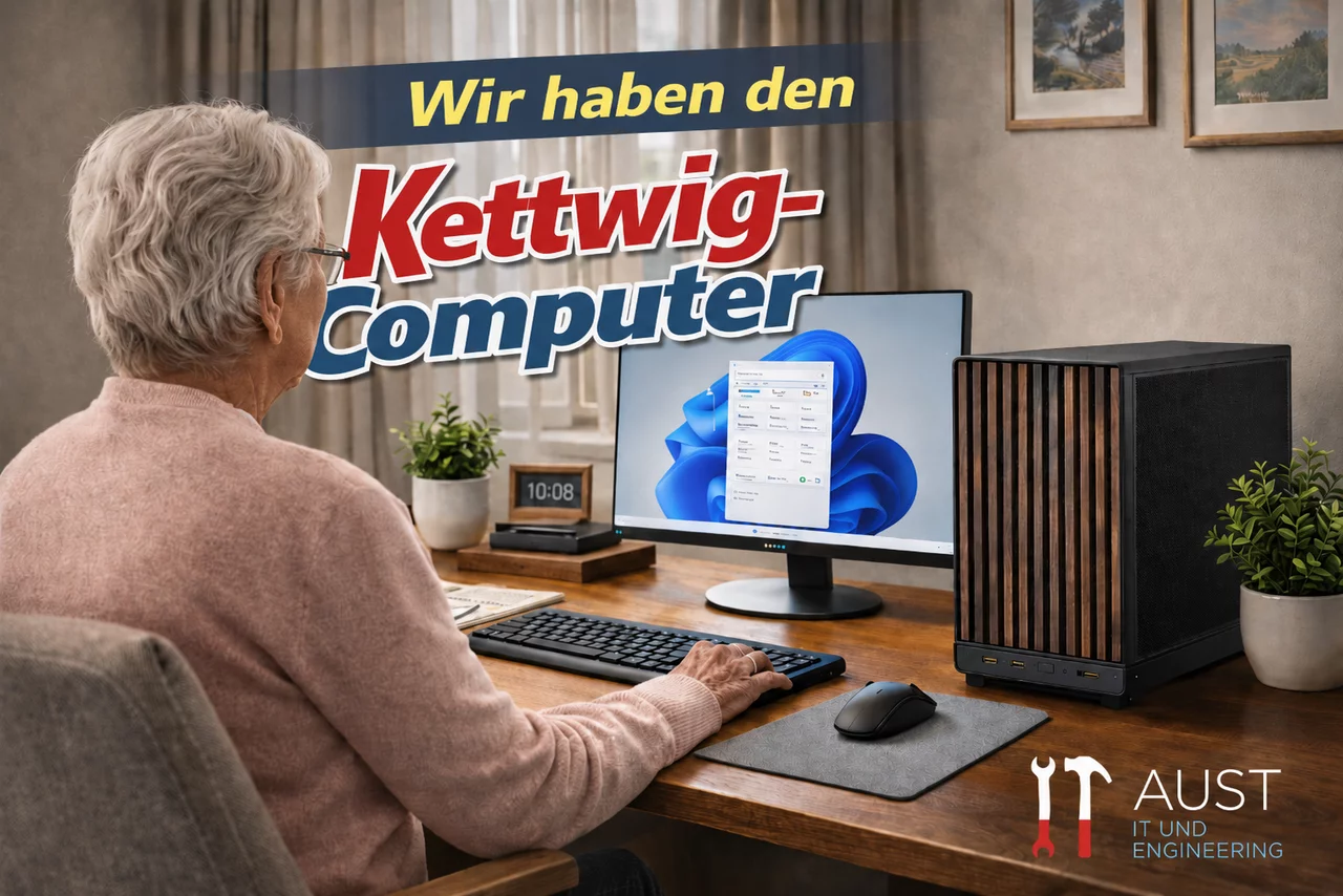 Ältere Dame sitzt vor Schreibtisch mit Kettwig-Computer