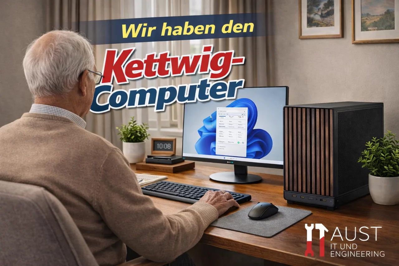 Herr sitzt am Schreibtisch mit Kettwig-Computer