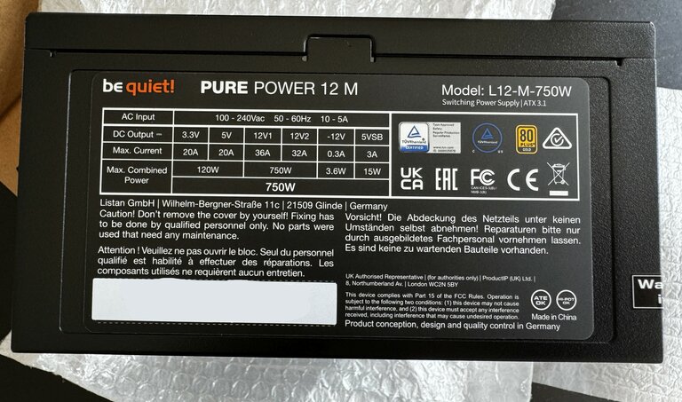 Netzteil be quiet! Pure Power 12M 750W Typenschild