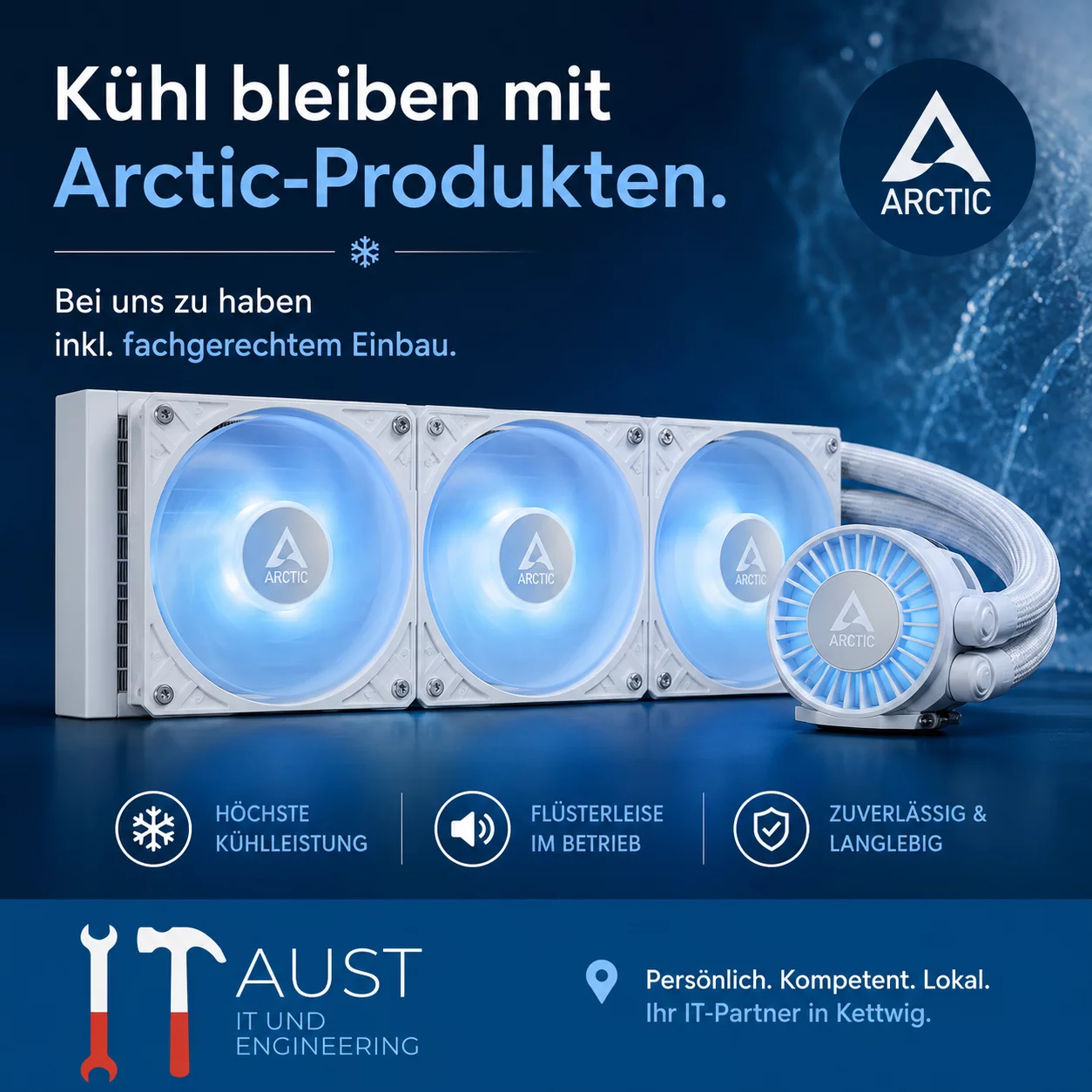 Werbung für Arctic-Produkte mit Bild einer Liquid Freezer III Pro 360 A-RGB in weissblauer Beleuchtung