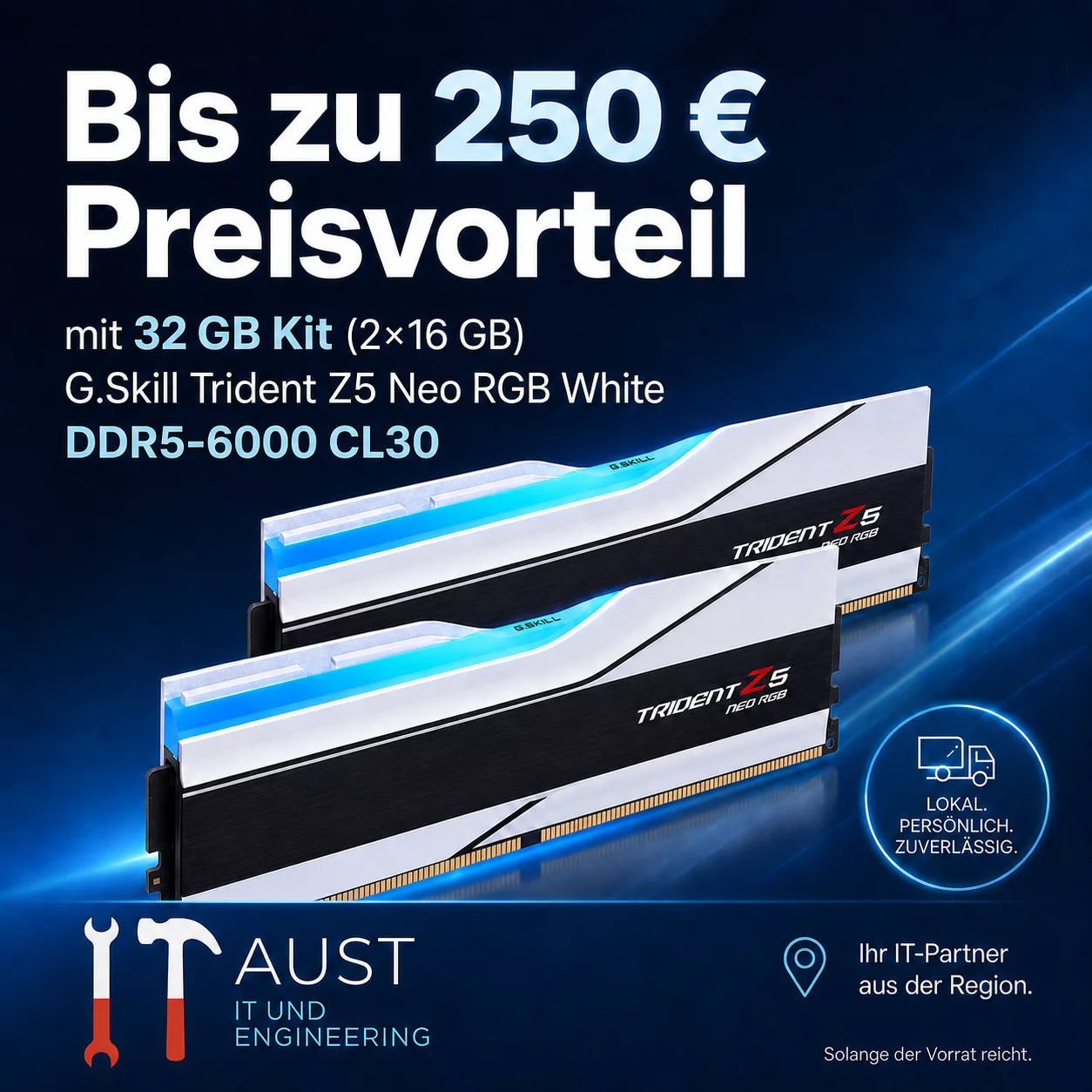 Werbung für 250 EUR Preisvorteil für AMD Ryzen-Computer mit einem speziellen RAM-Kit.