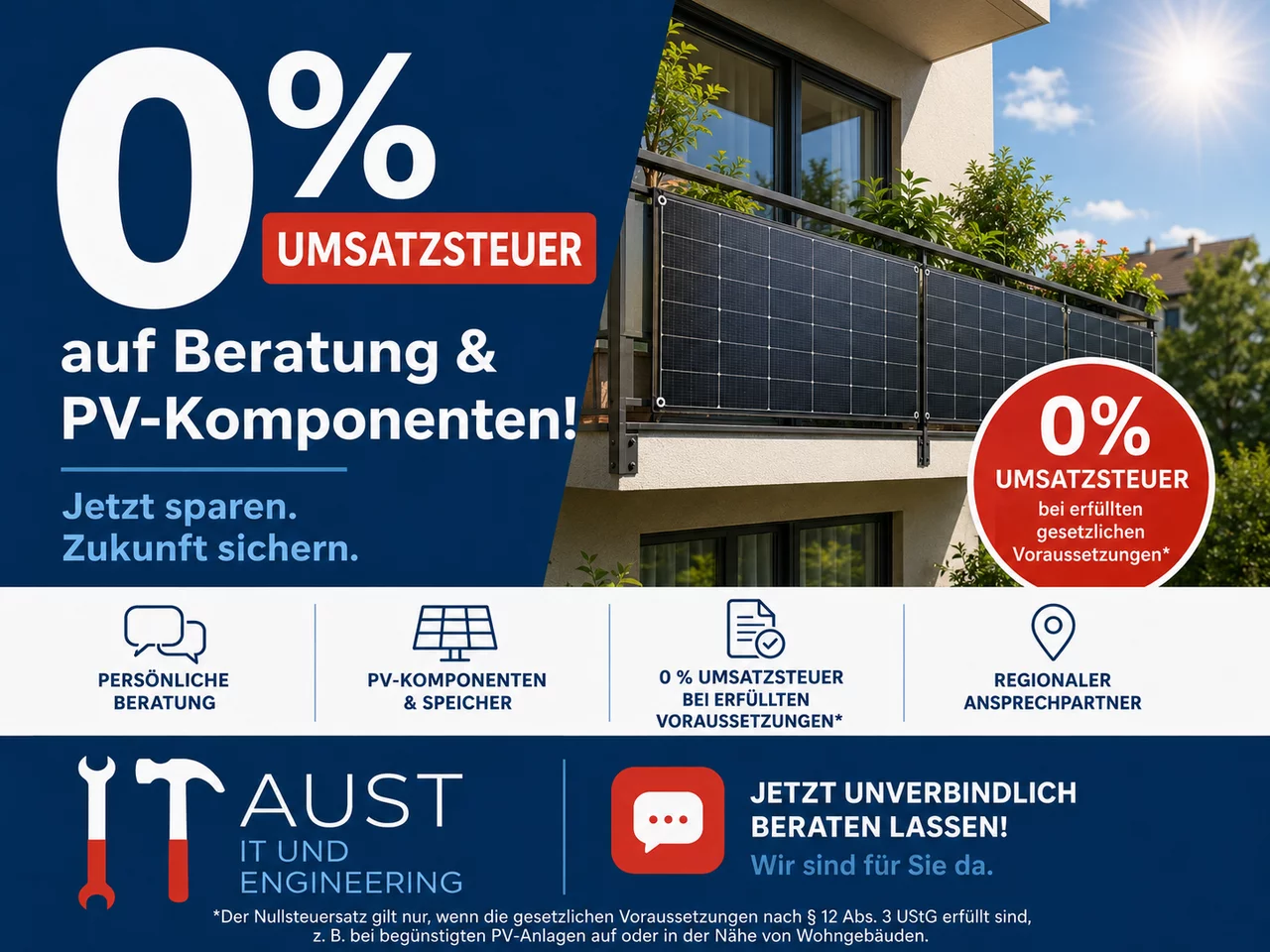 0% Umsatzsteuer auf qualifizierte Photovoltaikanlagen und Beratung