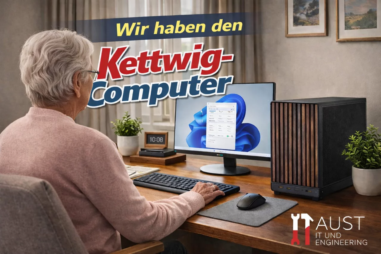 Dame sitzt vor Schreibtisch mit Kettwig-Computer