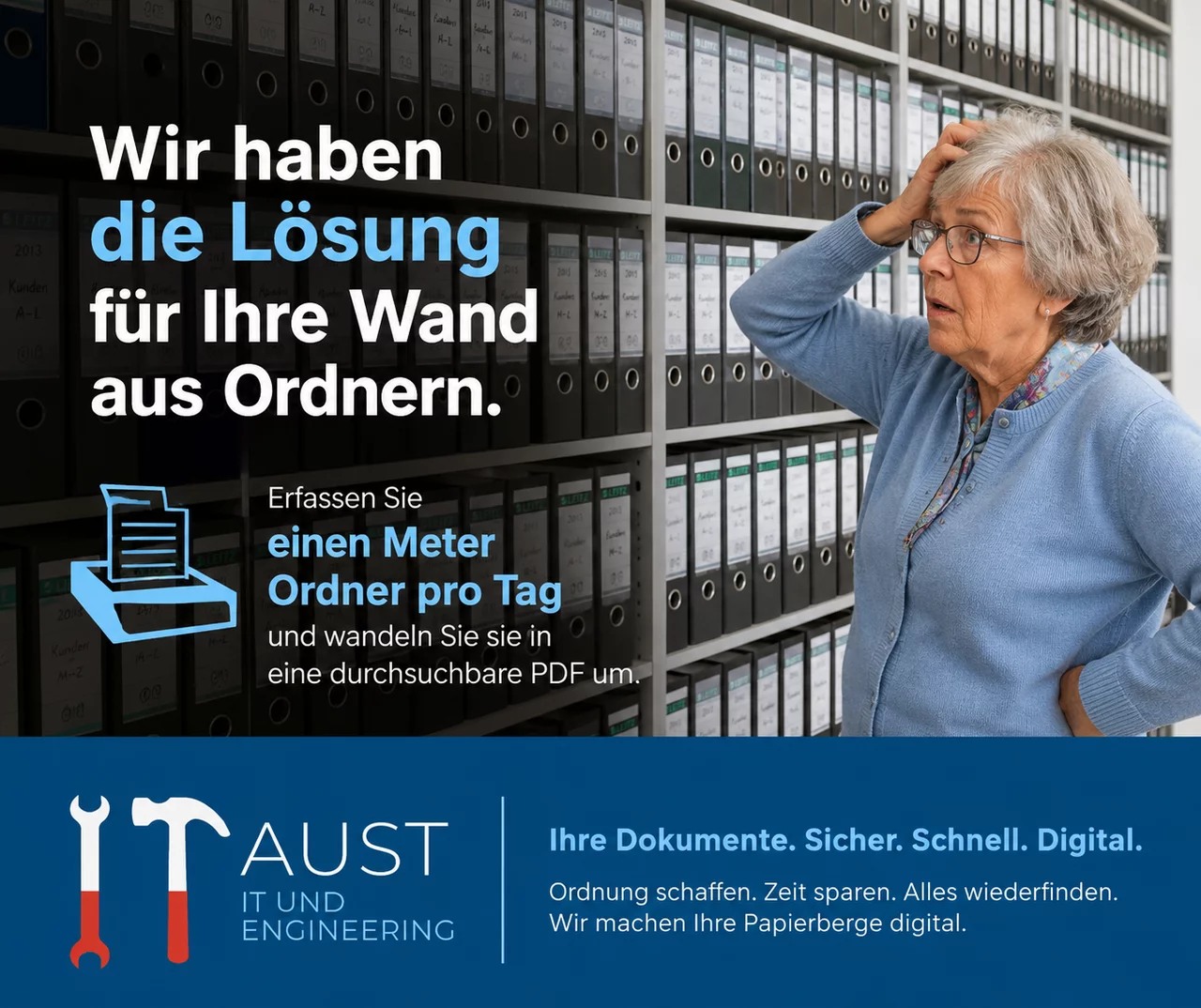 Werbung für Dokumentenmanagement. Dame steht ratlos vor einer Wand aus Leitz-Ordnern